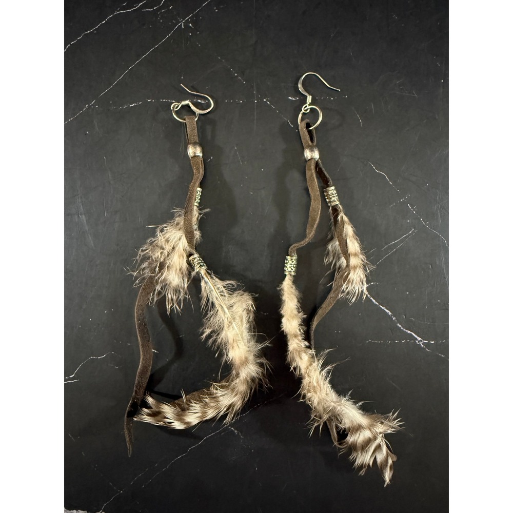 Leather and Feather Beaded Dangle Tassel Earrings